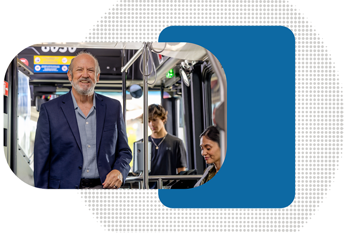 man standing on the bus and graphical patterns