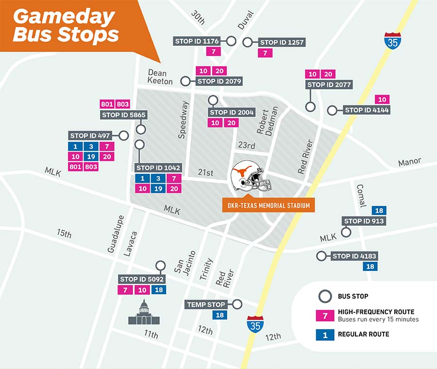 A map showing CapMetro bus stops for UT Game Days