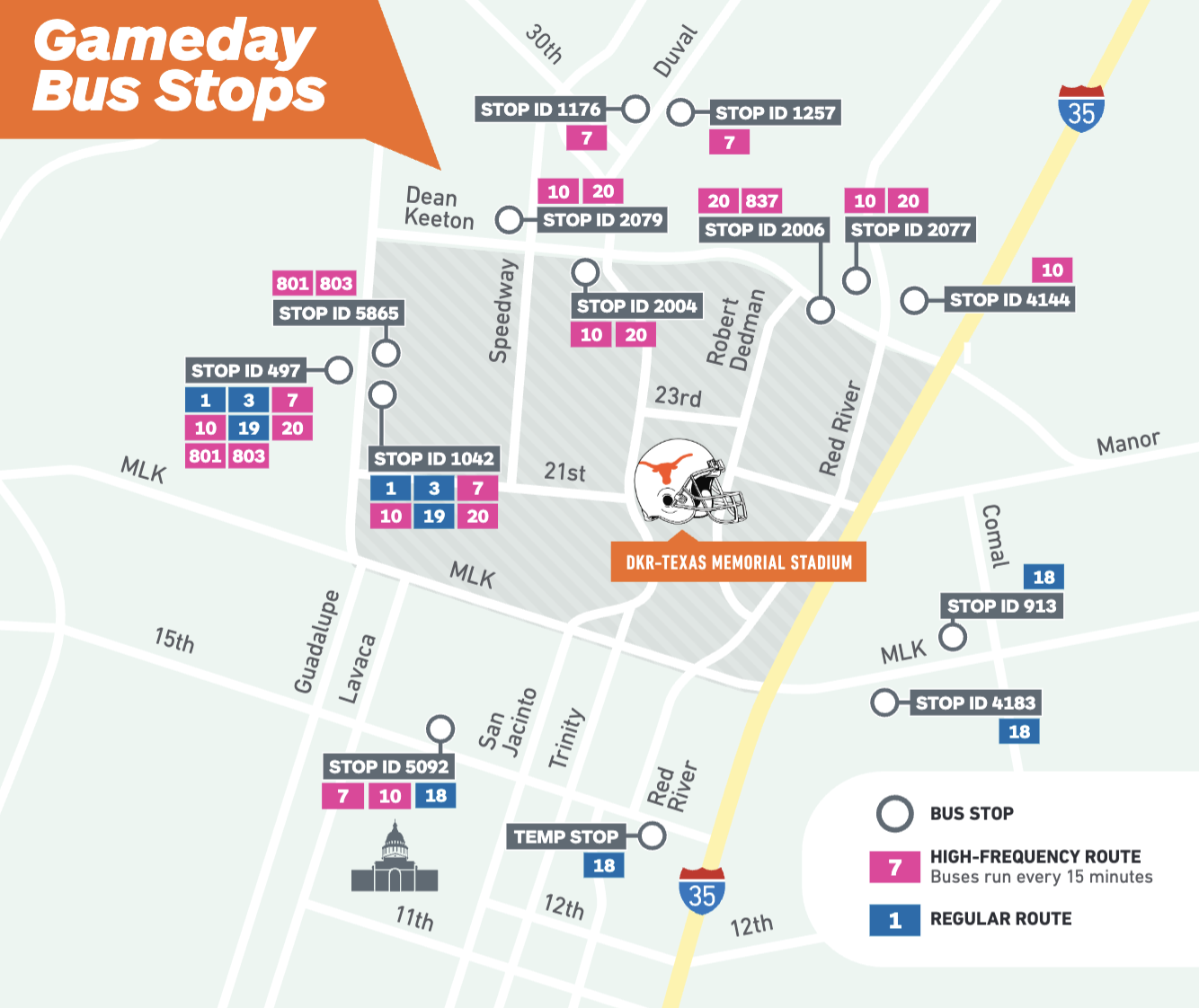 A map showing CapMetro bus stops for UT Game Days