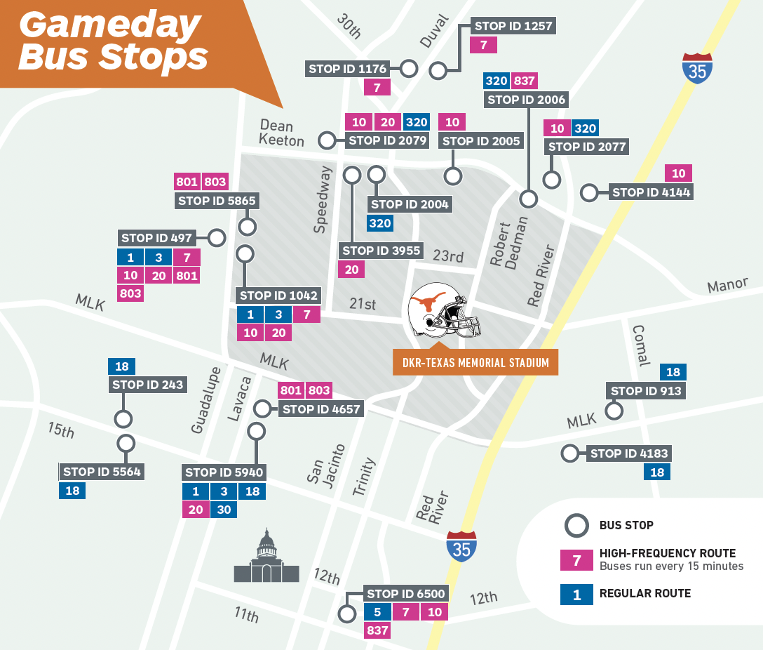 A map showing CapMetro bus stops for UT Game Days