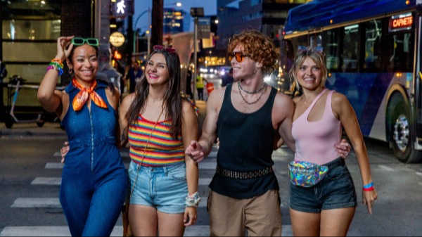 photo of a group of friends out at night