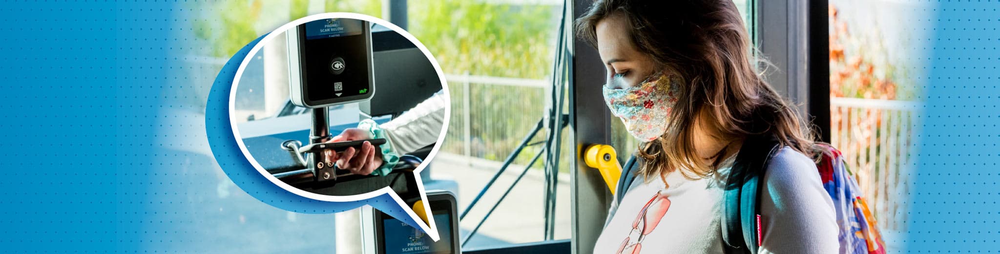 CapMetro App fare pilot Banner image with an image of a young woman using the mobile app on a CapMetro bus scanner