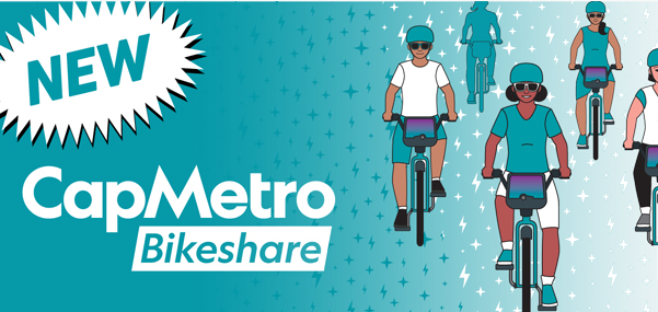 Graphic of people riding bikes for CapMetro Bikeshare