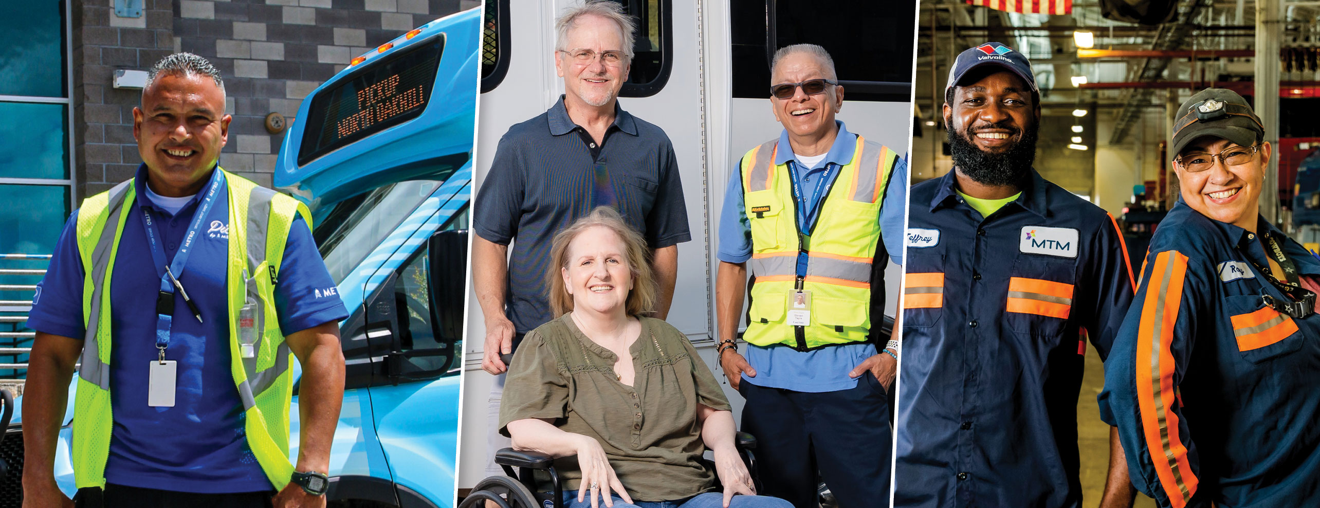 North Base Facility Image: features a Pickup vehicle, operators, mechanics, passenger in wheelchair and friendly CapMetro employees.