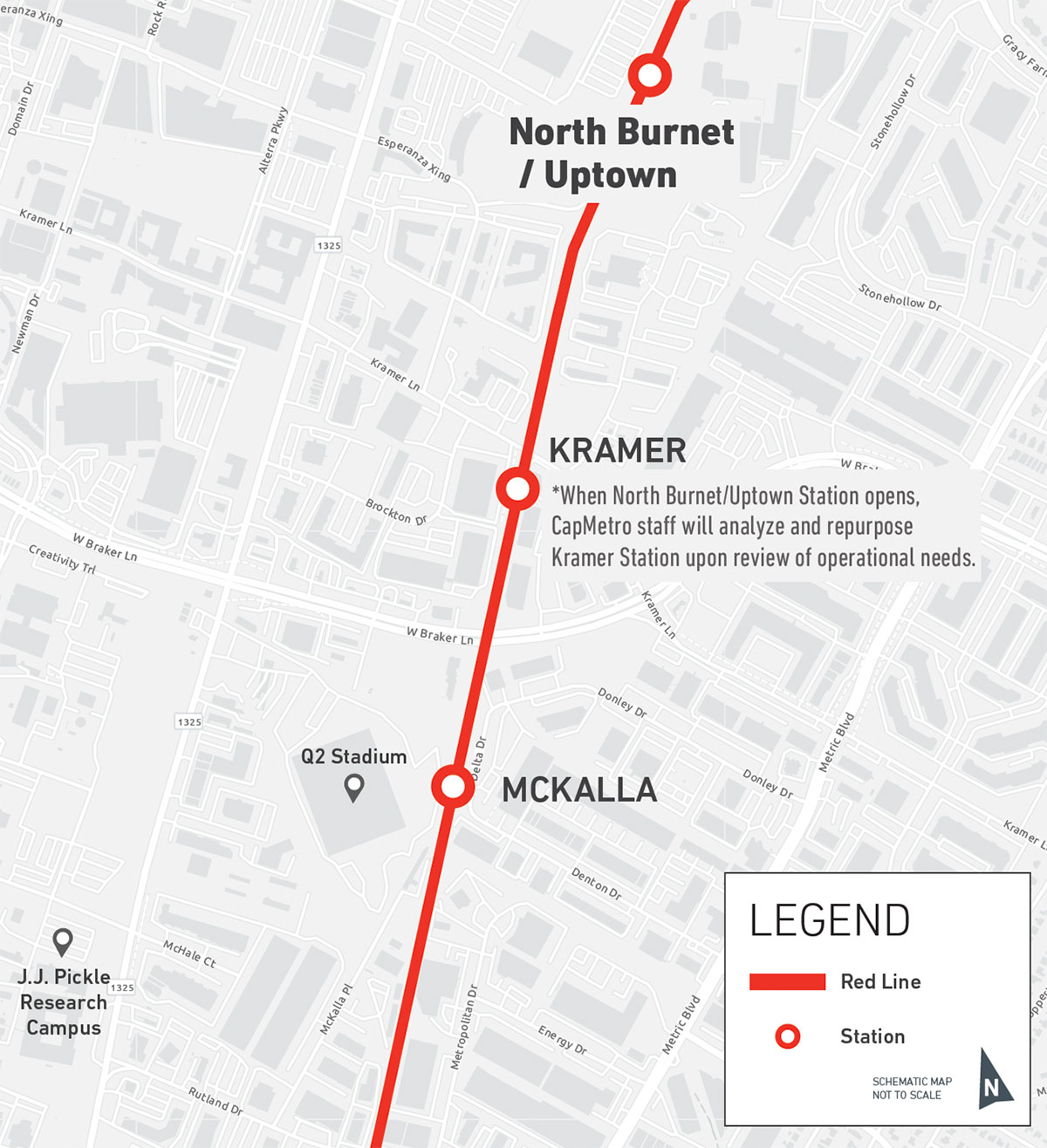 Location of North Burnet/Uptown on the Red Line, North of Kramer Station