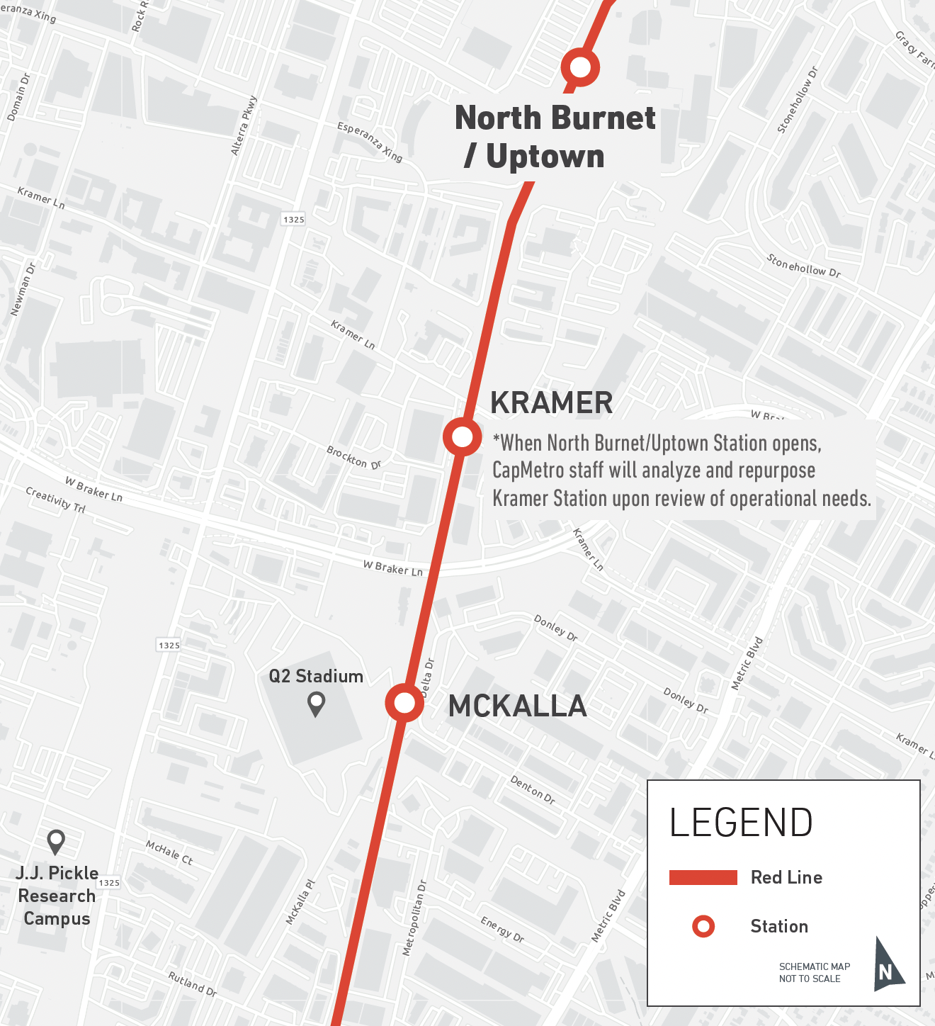 Location of North Burnet/Uptown on the Red Line, North of Kramer Station