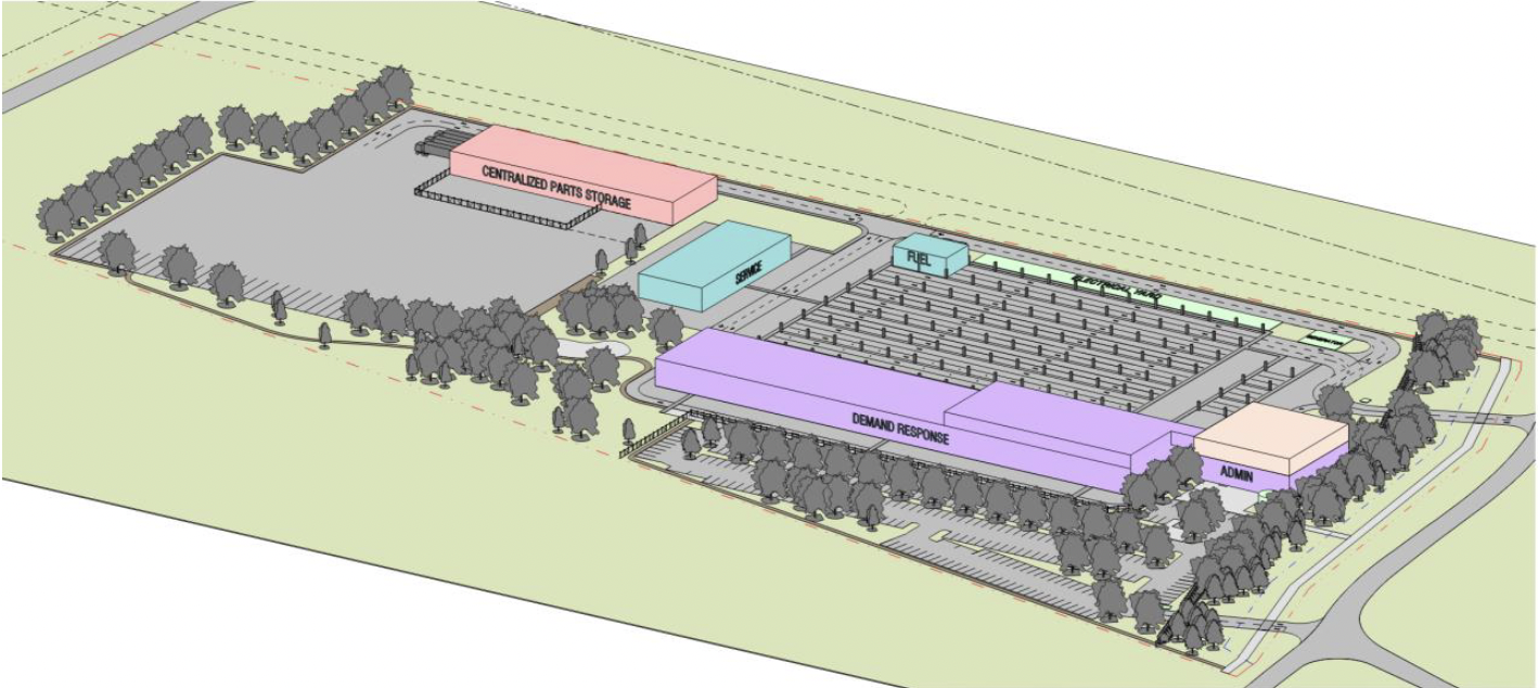 North Base Demand Response Facility Rough Rendering 2023. Includes the centralized warehouse, demand response facility, administrative office and storage sites.