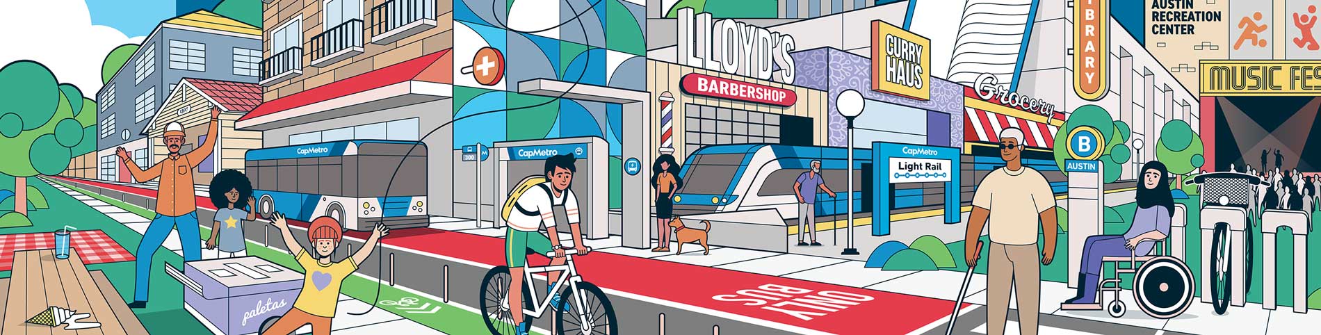 Illustration of people in the city using transit