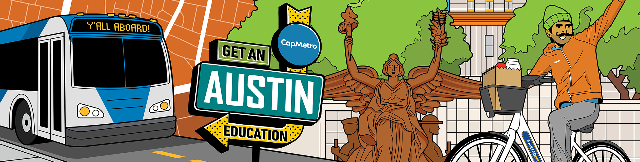 A cartoon banner rendering of iconic Austin figures and adventures along with a UT Shuttle