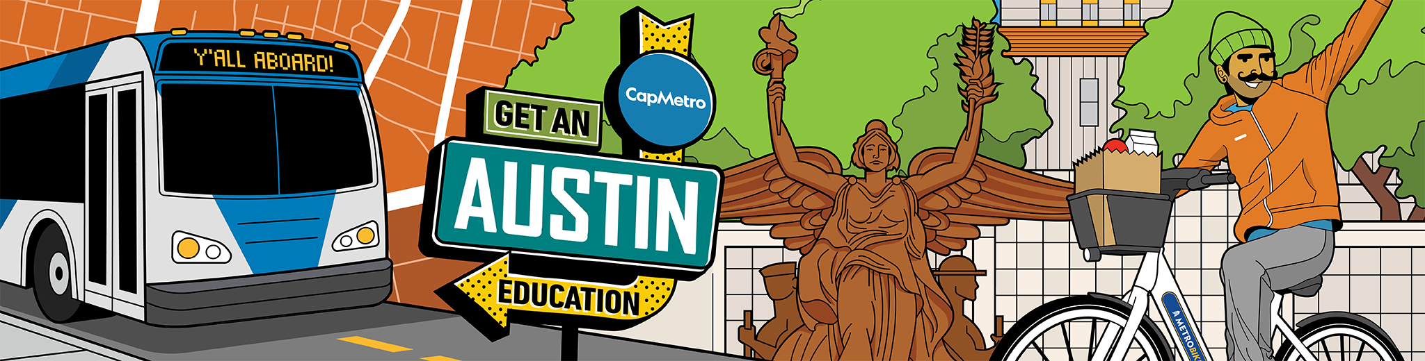 UT-shuttles A cartoon banner rendering of iconic Austin figures and adventures along with a UT Shuttle