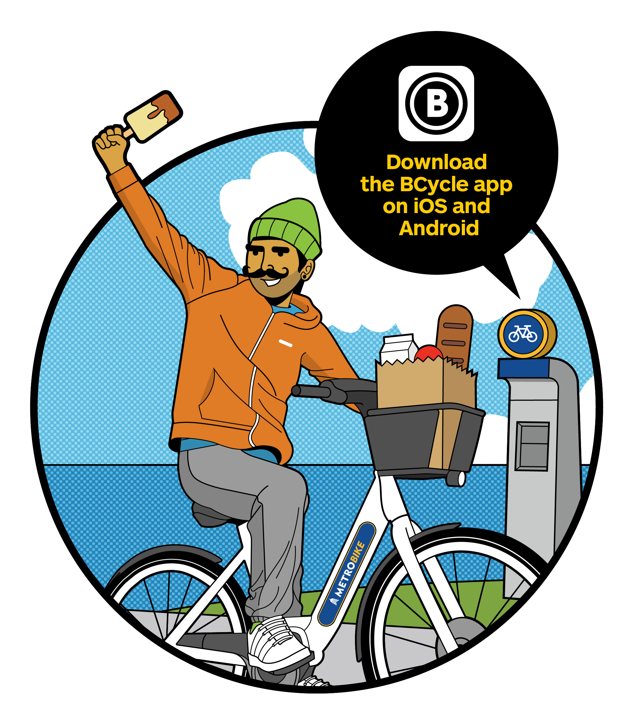 Illustration of a person on a bike with groceries in the cart and the text 
