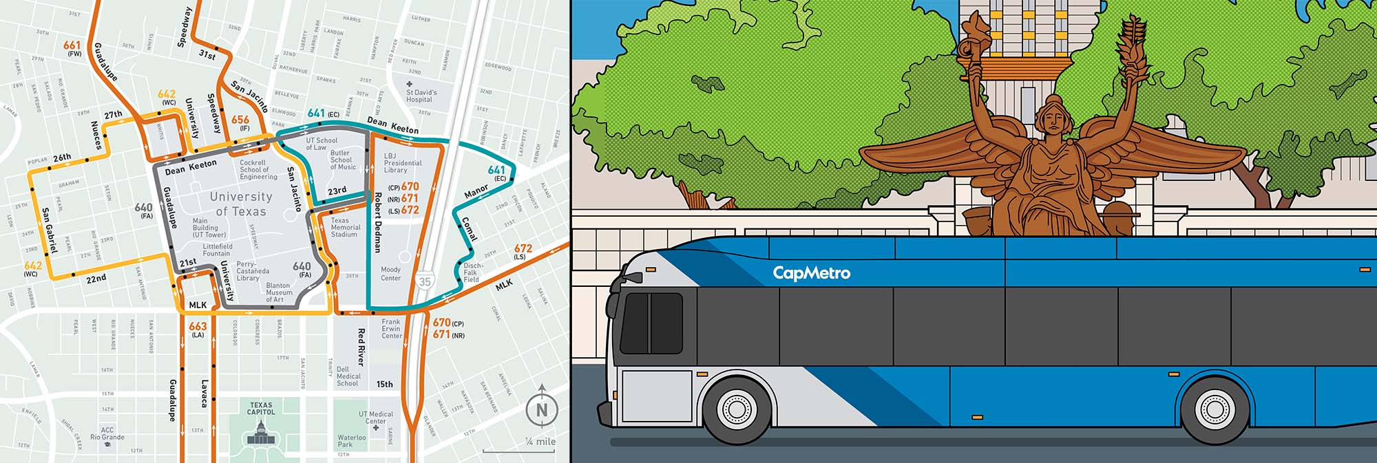 An illustration of Littlefield Fountain and a Map of UT Shuttle Routes