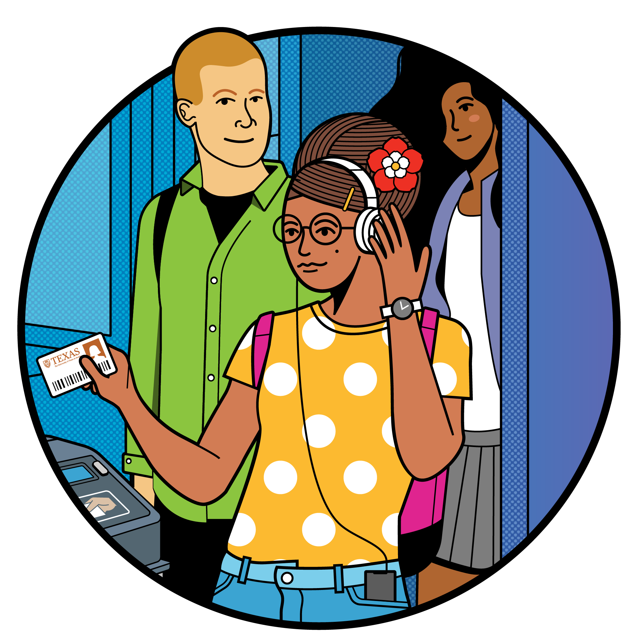 An illustration of a student listening to music while boarding a bus