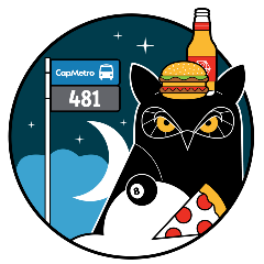 A graphic of an owl, pizza, burgers, and Bus Stop for Route 481