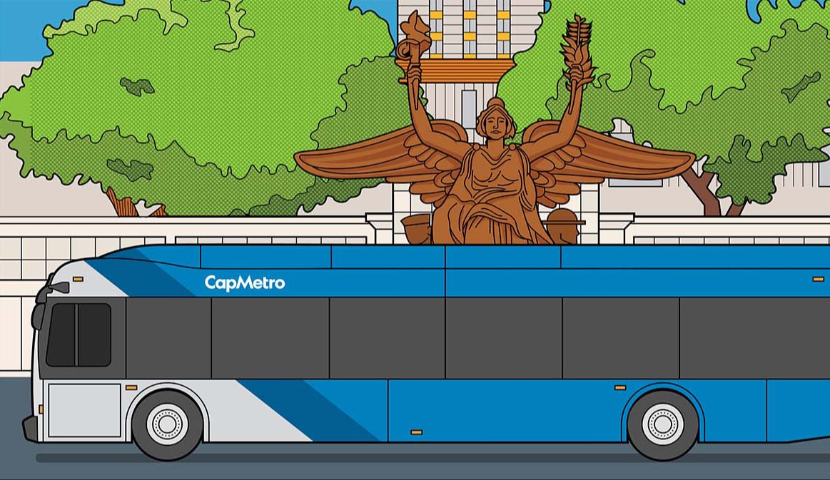 An illustration of Littlefield Fountain and a Map of UT Shuttle Routes