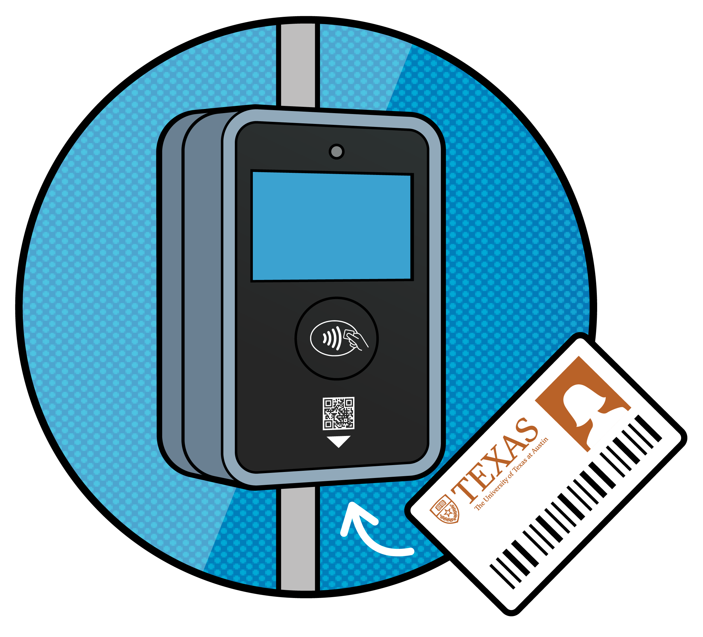 A graphic of a University of Texas ID above a CapMetro bus farebox