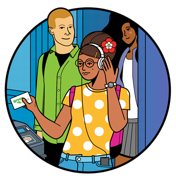 An illustration of a student listening to music while boarding a bus