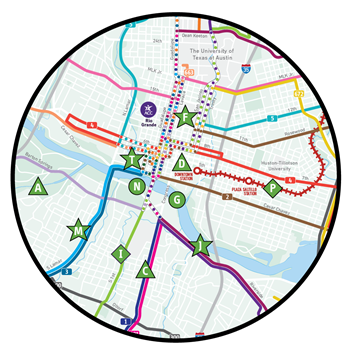 Top-20-List-Map A map for Top 20 Things to do when riding CapMetro Routes