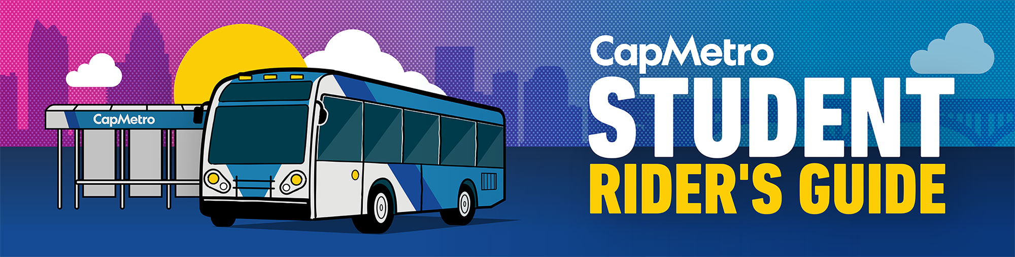 A cartoon banner rendering of iconic Austin figures and adventures along with a UT Shuttle and text that says student rider's guide