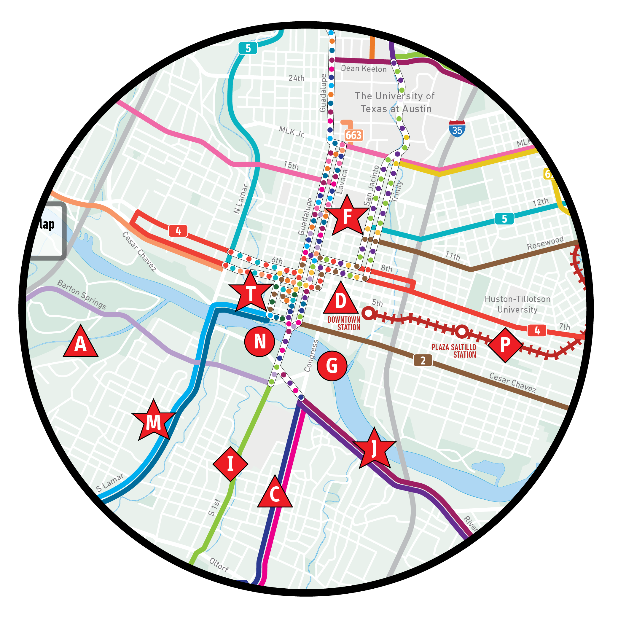 A map for Top 20 Things to do when riding CapMetro Routes